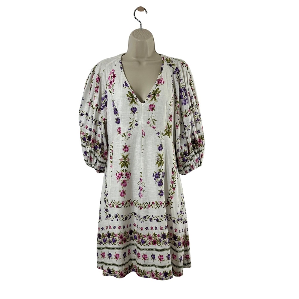 CeCe White Floral Puff Sleeve Linen Blend V-Neck Mini Dress Pockets Lined Size S